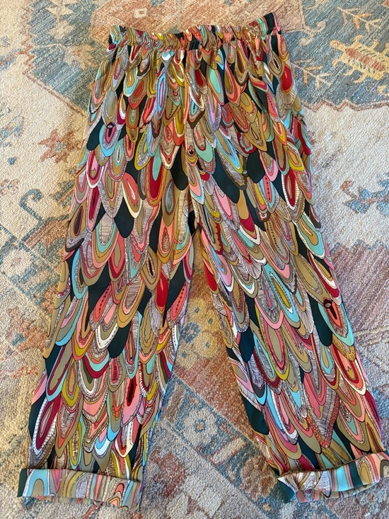 Lavender Brown Pants - Lavender Brown Pink, Red, Teal Feather-Print Skirt
